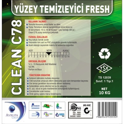 Clean C78 Yüzey Temizleyici Fresh Kokulu 10 Litre