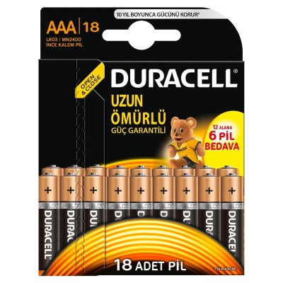 Duracell Alkalin AAA İnce Kalem Pil Ekonomik 12+6'lı Paket