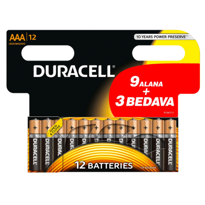 Duracell Alkalin AAA İnce Kalem Pil Ekonomik 9+3'lü Paket