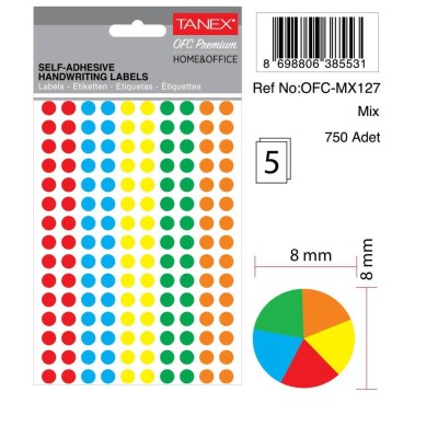 Tanex Ofc-127 Mıx Color Ofis Etiketi 8mm 750 Adet