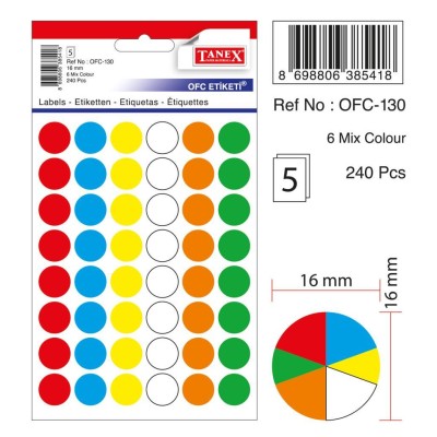 Tanex Ofc-130 Mıx Color Ofis Etiketi 16mm 240 Adet