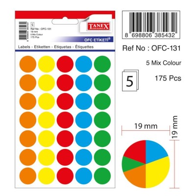 Tanex Ofc-131 Mıx Color Ofis Etiketi 19mm 175 Adet