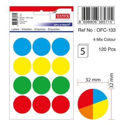 Tanex Ofc-133 Mıx Color Ofis Etiketi 30mm 60 Adet