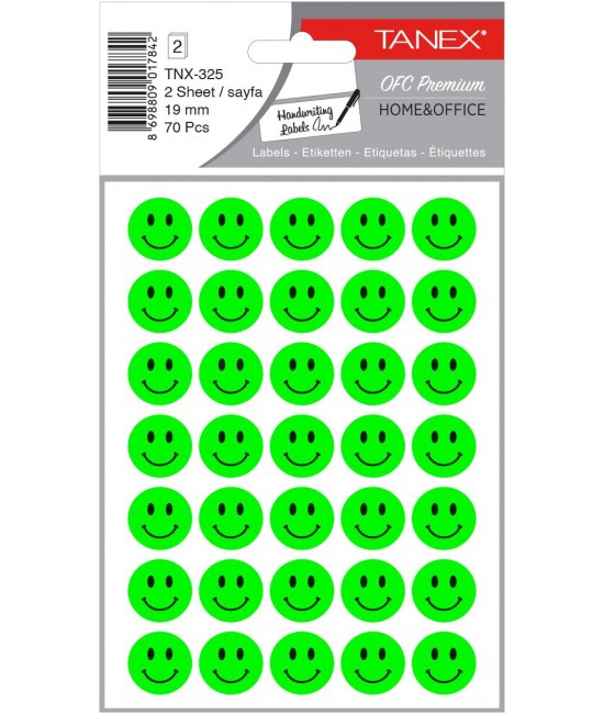 Tanex Tnx-325 Flo Yeşil Gülen Yüz Etiketi 19mm 70 Li Paket
