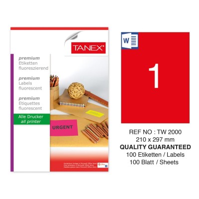 Tanex TW-2000 210x297mm Kırmızı Floresan Laser Etiket 100 Lü