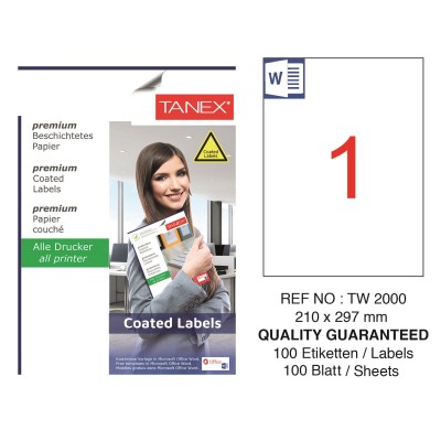 Tanex TW-2000 210x297mm Kuşe Laser Etiket 100 Lü