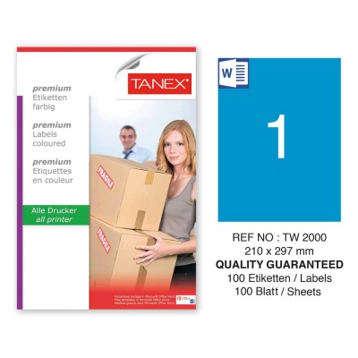 Tanex TW-2000 210x297mm Mavi Pastel Laser Etiket 100 Lü