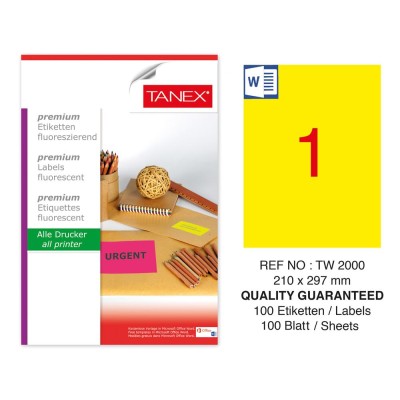 Tanex TW-2000 210x297mm Sarı Floresan Laser Etiket 100 Lü