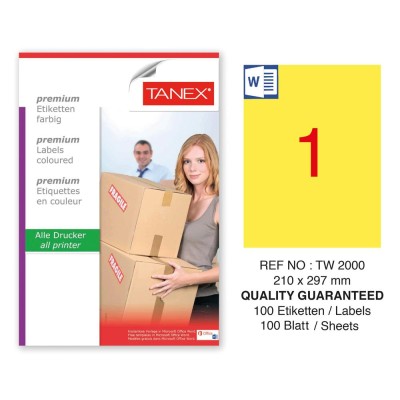 Tanex TW-2000 210x297mm Sarı Pastel Laser Etiket 100 Lü