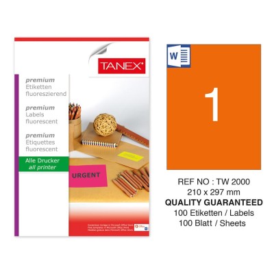 Tanex TW-2000 210x297mm Turuncu Floresan Laser Etiket 100 Lü