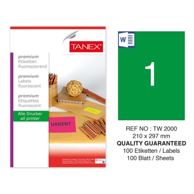 Tanex TW-2000 210x297mm Yeşil Floresan Laser Etiket 100 Lü