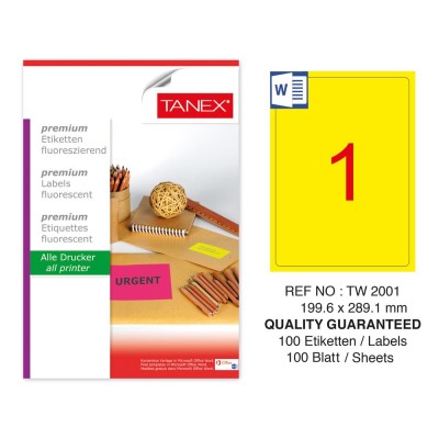 Tanex TW-2001 199,6X289,1 mm Sarı Floresan Laser Etiket 100 Lü