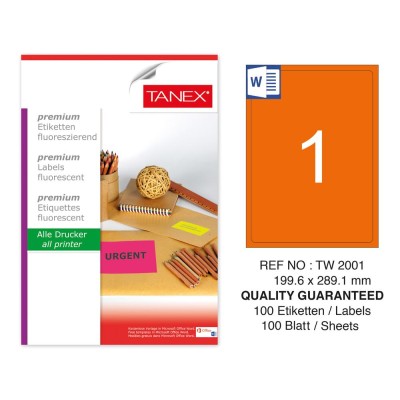 Tanex TW-2001 199,6x289,1 mm Turuncu Floresan Laser Etiket 100 Lü