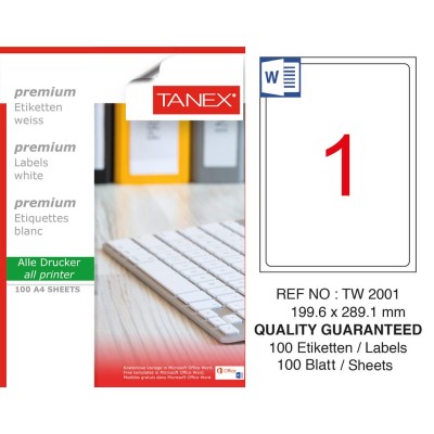 Tanex TW-2001 199,6x289,1mm Sökülebilir Etiket 100 Lü