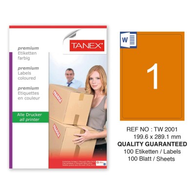 Tanex TW-2001 199,6x289,1mm Turuncu Pastel Laser Etiket 100 Lü