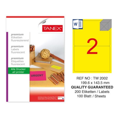 Tanex TW-2002 199,6x143,5 mm Sarı Floresan Laser Etiket 100 Lü