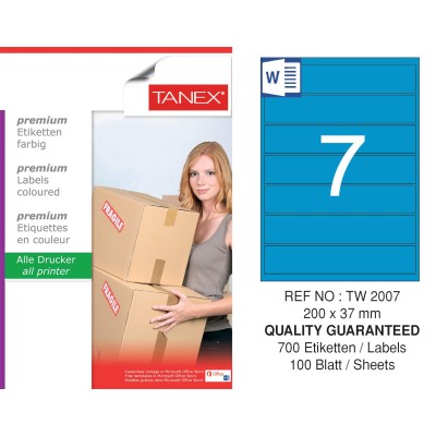 Tanex TW-2007 200x37mm Mavi Pastel Laser Etiket 100 Lü