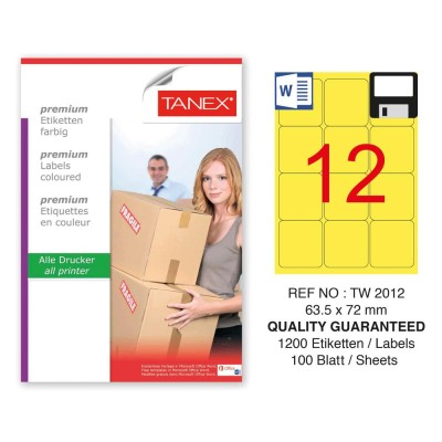 Tanex TW-2012 63,5x72mm Sarı Pastel Laser Etiket 100 Lü