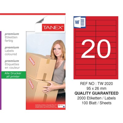 Tanex TW-2020 95x26mm Kırmızı Pastel Laser Etiket 100 Lü