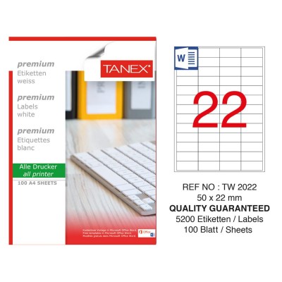 Tanex TW-2022 50x22mm Sökülebilir Etiket 100 Lü