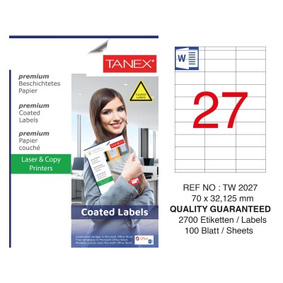 Tanex TW-2027 70x132.125mm Kuşe Laser Etiket 100 Lü Paket