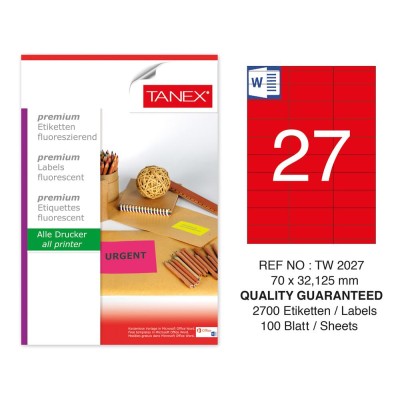 Tanex TW-2027 70x32,125 mm Kırmızı Floresan Laser Etiket 100 Lü