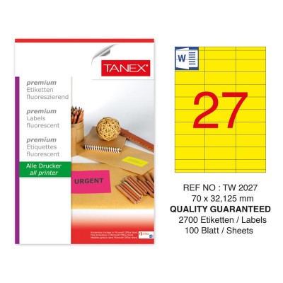 Tanex TW-2027 70x32,125 mm Sarı Floresan Laser Etiket 100 Lü