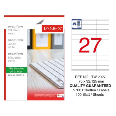 Tanex TW-2027 70x32,125mm Sökülebilir Etiket 100 Lü