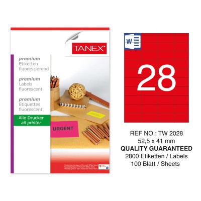 Tanex TW-2028 52,5x41 mm Kırmızı Floresan Laser Etiket 100 Lü