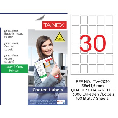 Tanex TW-2030 38x44.5mm Kuşe Laser Etiket 100 Lü Paket