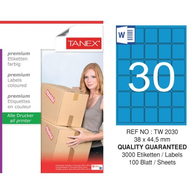 Tanex TW-2030 38x44,5mm Mavi Pastel Laser Etiket 100 Lü