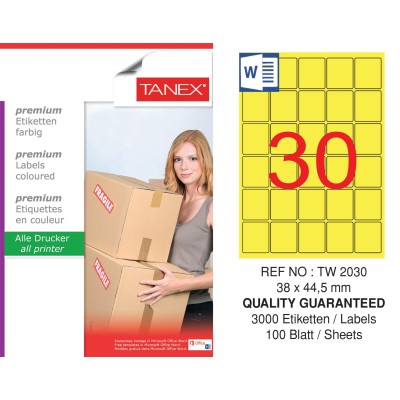 Tanex TW-2030 38x44,5mm Sarı Pastel Laser Etiket 100 Lü