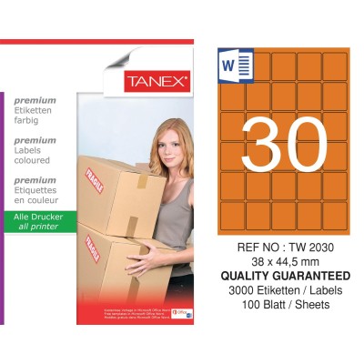 Tanex TW-2030 38x44,5mm Turuncu Pastel Laser Etiket 100 Lü 