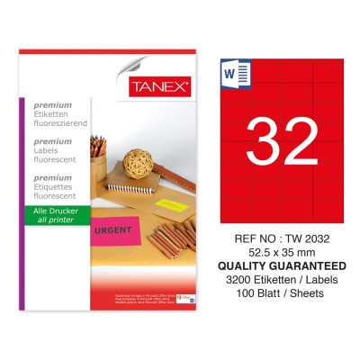 Tanex TW-2032 52,5x35 mm Kırmızı Floresan Laser Etiket 100 Lü