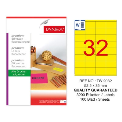 Tanex TW-2032 52,5x35 mm Sarı Floresan Laser Etiket 100 Lü