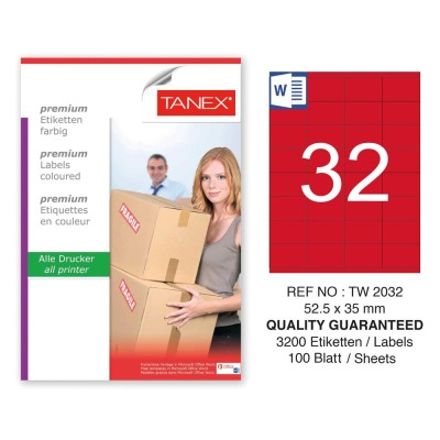 Tanex TW-2032 52,5x35mm Kırmızı Pastel Laser Etiket 100 Lü