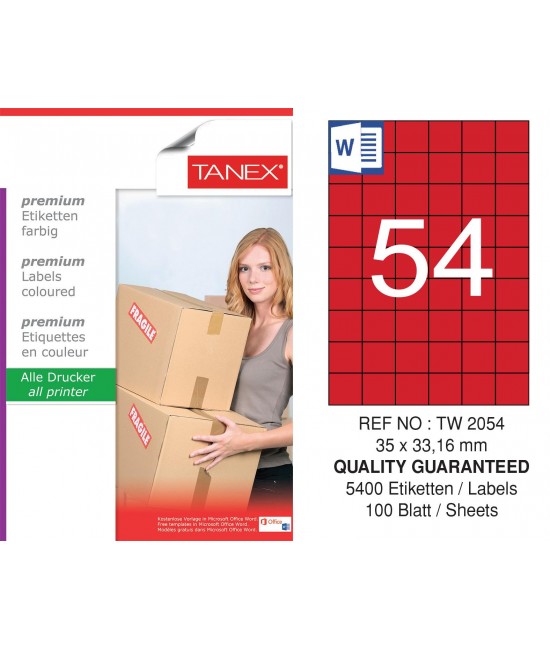 Tanex TW-2054 35x33,16mm Kırmızı Pastel Laser Etiket 100 Lü