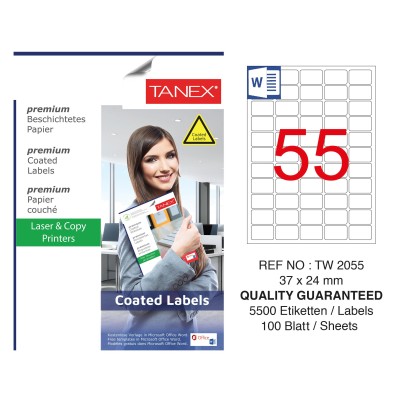 Tanex TW-2055 37x24mm Kuşe Laser Etiket 100 Lü Paket