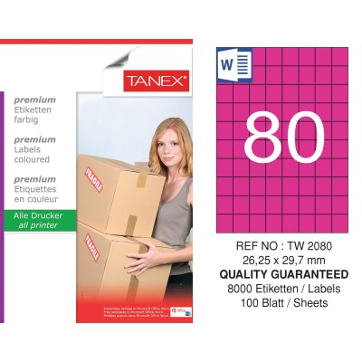 Tanex TW-2080 26,25x29,7mm Pembe Pastel Laser Etiket 100 Lü