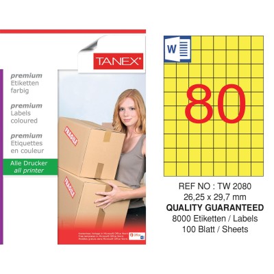 Tanex TW-2080 26,25x29,7mm Sarı Pastel Laser Etiket 100 Lü Paket