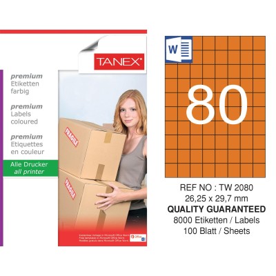 Tanex TW-2080 26,25x29,7mm Turuncu Pastel Laser Etiket 100 Lü