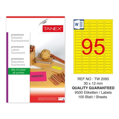 Tanex TW-2095 30x12mm Floresan Sarı Laser Etiket 100 Lü Paket