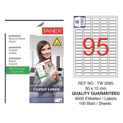 Tanex TW-2095 30x12mm Kuşe Laser Etiket 100 Lü Paket