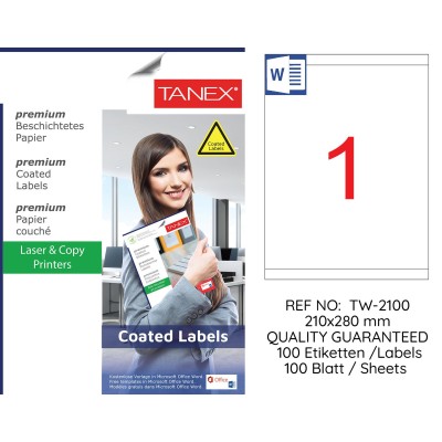 Tanex TW-2100 210x280mm Kuşe Laser Etiket 100 Lü Paket