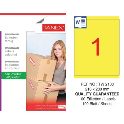 Tanex TW-2100 210x280mm Sarı Pastel Laser Etiket 100 Lü Paket