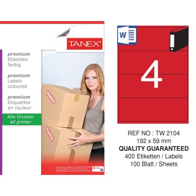 Tanex TW-2104 192x59mm Kırmızı Pastel Laser Etiket 100 Lü