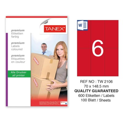 Tanex TW-2106 70x148,5mm Kırmızı Pastel Laser Etiket 100 Lü