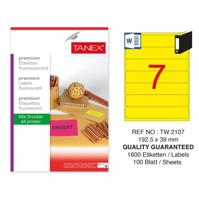 Tanex TW-2107 192,5x39 mm Sarı Floresan Laser Etiket 100 Lü