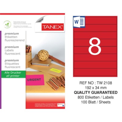 Tanex TW-2108 192x34 mm Kırmızı Floresan Laser Etiket 100 Lü