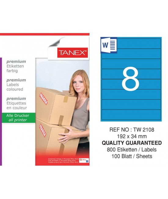 Tanex TW-2108 192x34mm Mavi Pastel Laser Etiket 100 Lü